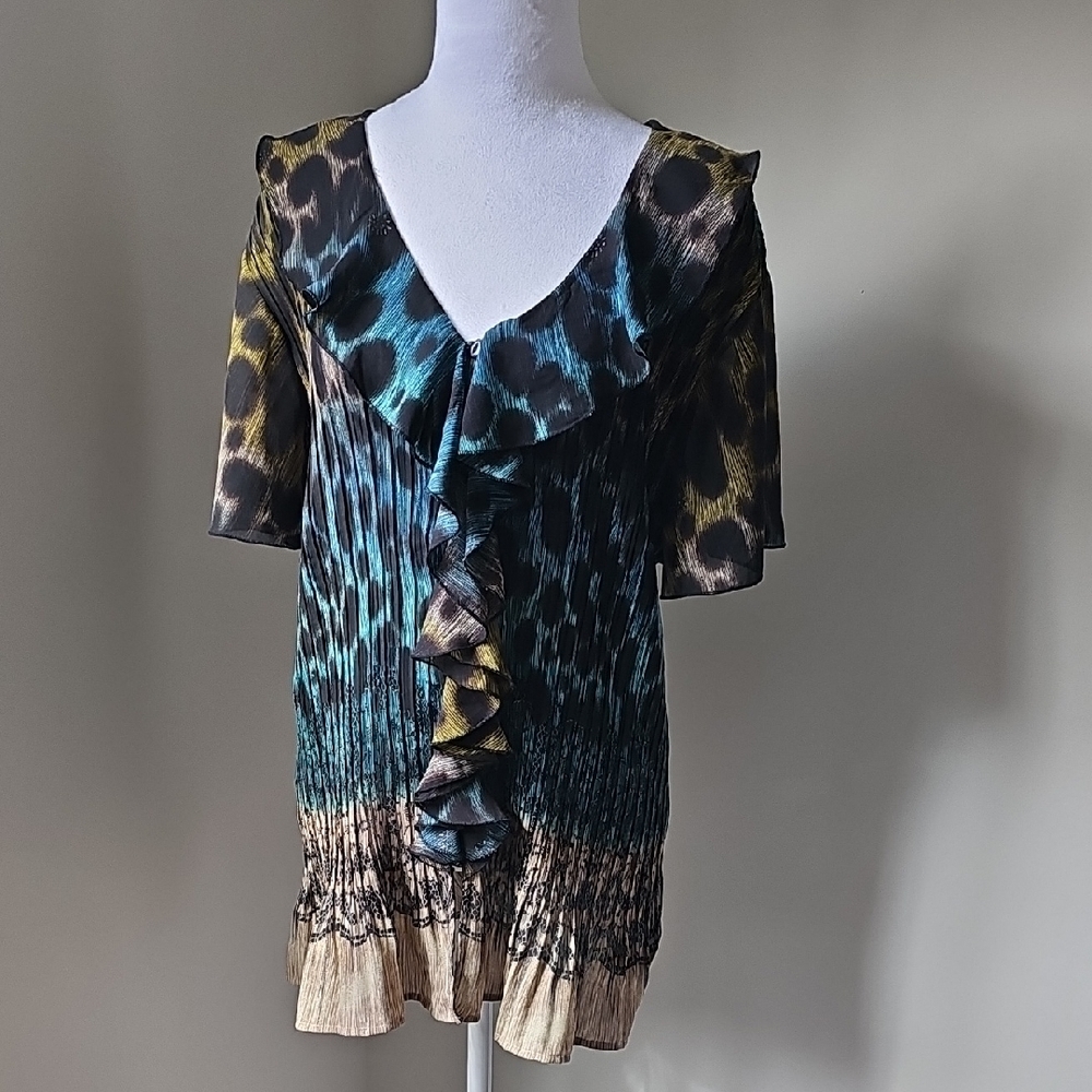 Cato Blue‎ and Brown Ruffle Blouse